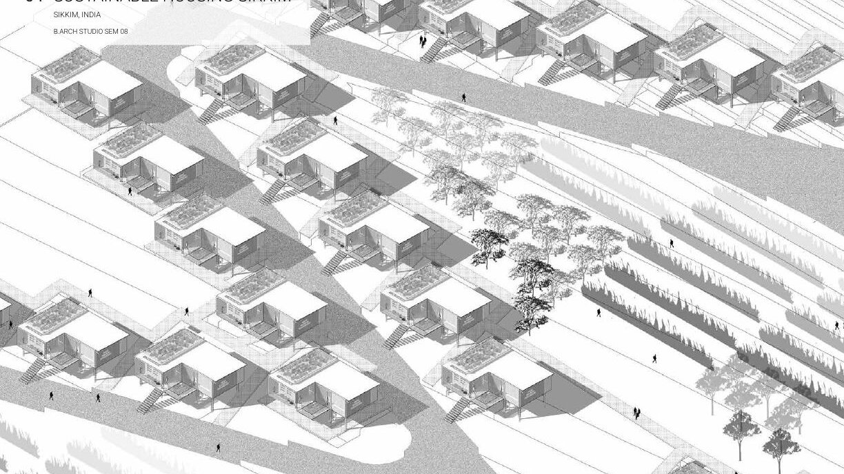 Axonometric view of a sustainable housing community in Sikkim